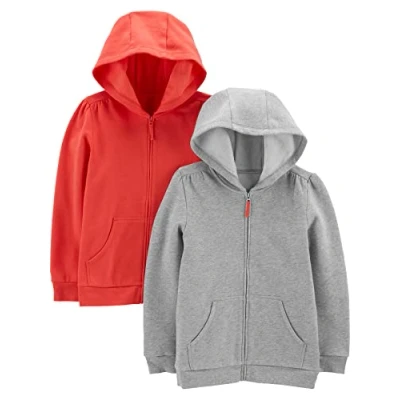 Image of Simple Joys by Carter&#039;s Girls&#039; 2 Pack Fleece Full Zip Hoodies Hooded Sweatshirt, Grey Heather/Orange, 7 Years (Pack of 2)