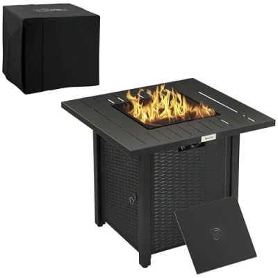 Image of Outsunny Rattan style Propane Gas Fire Pit Table with 50,000 BTU Burner, Square Smokeless Firepit Patio Heater Thermocouple, Lava Rocks, Waterproof Cover, Spark Guard, and Lid