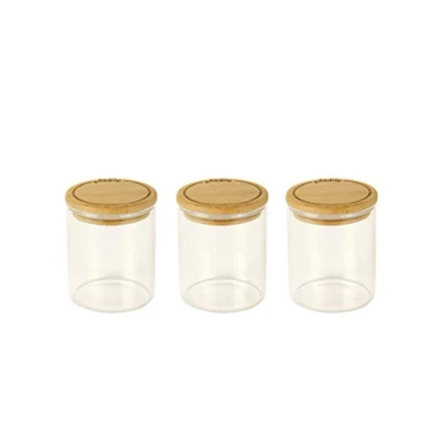 Image of Pebbly Set of 3 Round containers for Spices and ingredients 180 ml, Borosilicate glass, bamboo, silicone, Natural, boîtes à épices 180ml