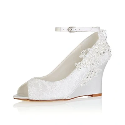 Image of Emily Bridal Lace Wedding Shoes Ivory Peep Toe Flowers Detail Wedge Ankle Strap (EU40/UK7, Ivory)