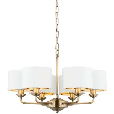 Image of Highclere Multi Arm Shade Pendant Ceiling Lamp, Antique Brass Plate, Vintage White Fabric