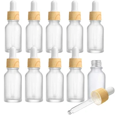 Image of Yalbdopo 10Pcs, 10ml Frosted Clear Glass Bottles with Dropper Pipettes, Mini Empty Wood Grain Plastic Cap Refillable Sample Container for Essential Massage oils/Chemical Liquid