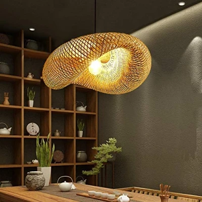 Image of Retro Bamboo Pendant Lamp Country Woven Hand Hanging Rattan E27 Height Adjustable Villa Bedroom Corridor Lighting Decoration Chandelier,50cm
