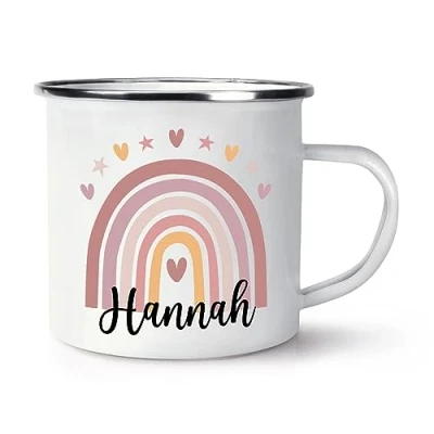 Image of Personalised Pastel Pink Rainbow Name Enamel Mug Cup