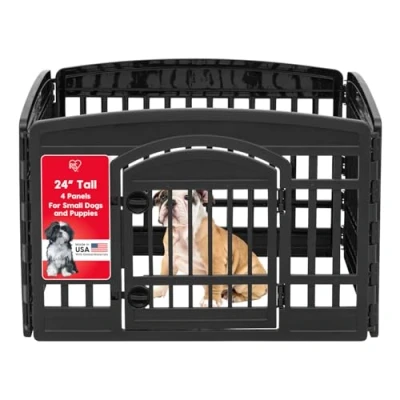 Image of IRIS USA 24&quot; Exercise 4 Panel Pet Playpen with Door, Dog For Puppy Small Dogs Keep Pets Secure Easy Assemble Storing Customizable Non Skid Rubber Feet, Black