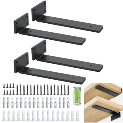 Image of Shelf Bracket 4Pcs Wall Brackets for Shelves Black Heavy Duty Metal L Mounted (Black, 20cm/inch)