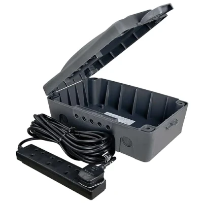 Image of Masterplug WBXBFG10B MP Weatherproof Electric Box for Outdoors with Four Socket 10 Metre Extension Lead, 351 x 220 126.5 mm, Dark Grey