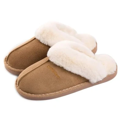 Image of Womens Slipper Memory Foam Fluffy Slip on House Suede Fur Lined/Anti Skid Sole, Indoor &amp; Outdoor Light Brown 5.5/6.5 UK,