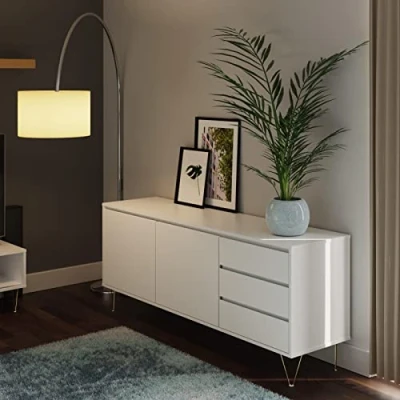Image of Timber Art Design UK 2 Door 3 Drawer Sideboard For Living Room, Bedroom Industrial Storage Cabinet with Legs &amp; Shelving Modern Furniture Unit, White H65.5cm x W160cm D40cm