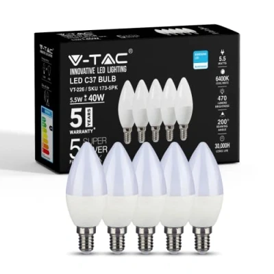 Image of V TAC E14 LED Candle Bulbs 5.5W (Equivalent to 40W) Light Edison Small Screw Bulb Samsung Chip Non Dimmable 6400K White Pack of 5