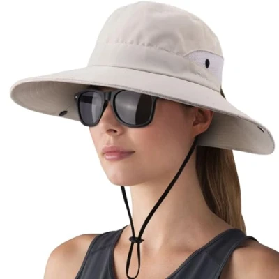 Image of DRESHOW Women Sun Hat Outdoor UV Protection Foldable Mesh Wide Brim Fishing Ponytail Beach Bucket Hats with Eyeglasses