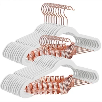 Image of SONGMICS Set of 24 Velvet Hangers, Trouser Hangers for Clothes with Movable Clips and Rose Gold Hook, Non Slip, Space Saving, 42 cm Long, Skirts, Dresses, White CRF014W01