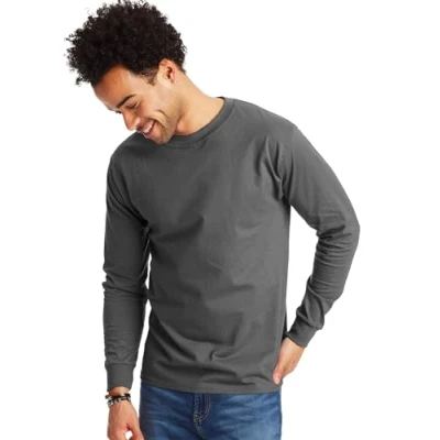 Image of Hanes Men&#039;s Long Sleeve Beefy T Shirt, Smoke Grey, Medium (Pack of 2)