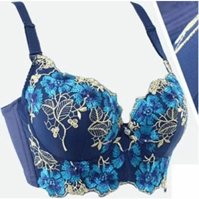 Image of Thick Padded Add 2 Cups Bra Women Push up Brassiere Deep V Lace Underwire Bras D (34C,Blue)