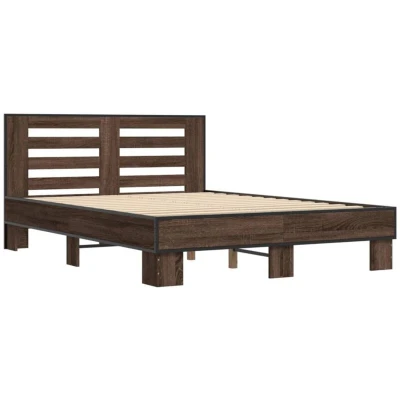 Image of vidaXL Brown Oak Bed Frame 120x190 cm Engineered Wood and Metal Small Double with Plywood Slats Supportive Headboard