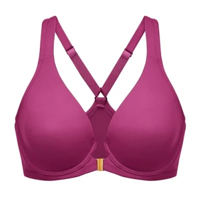 Image of Delimira Women&#039;s Front Fastening Bras Seamless Unlined Racer Back Plus Size Underwired Plunge Bra Magenta Purple 36DD