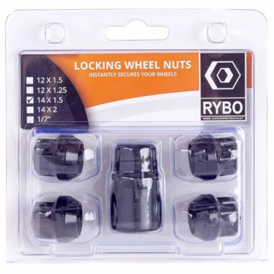 Image of RYBO Set of 4 Open Ended Alloy Wheel Locking Nuts (Black) (M14 x 1.5)