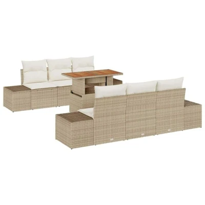Image of vidaXL 7 Piece Garden Dining Set with Cushions Beige Poly Rattan Acacia