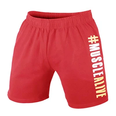 Image of Muscle Alive Men Bodybuilding Gym Workout Shorts Sprots Fitness Terry Cotton 7 Inseam Red L