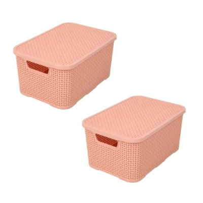 Image of BranQ Home essential Basket with Lid in Rattan Design, Set of 2, Size S 7 L, BPA Free Plastic PP, Salmon Pink, 28.5 x 19.5 12.9 cm, Pack 2