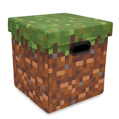 Image of Minecraft Grassy Block Fabric Storage Bin Cube Organizer with Lid 13 Inches