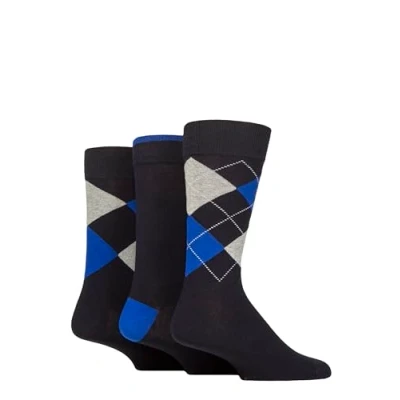 Image of Mens 3 Pair Glenmuir New Waverley Cotton Argyle Patterned and Plain Socks Navy 7 11