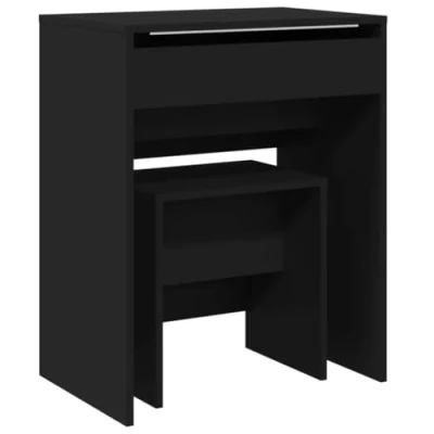 Image of vidaXL Black Dressing Table and Stool Set Makeup Vanity with Drawers, Mirror, Engineered Wood, Bedroom Furniture 60x40x75 cm