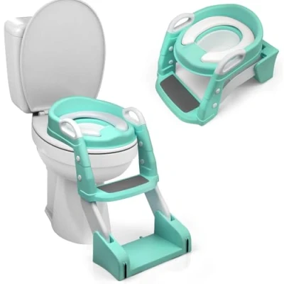 Image of Crystals Foldable Toddler Potty Training Seat with Step Ladder Comfortable Child Toilet for Boys &amp; Girls, Anti Slip Baby Urinal Chair Kids Training, Easy Up (Sea Green)