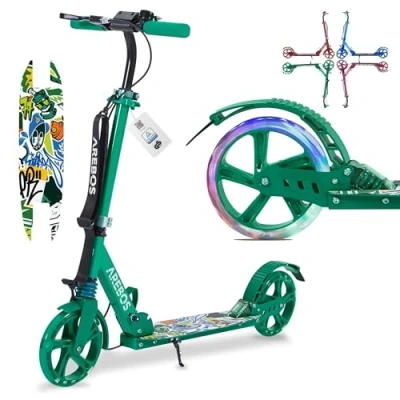 Image of Arebos city scooter kick green height adjustable foldable incl. carrying strap LED wheels hand pedal brake front rear suspension children &amp; adults 100kg load capacity