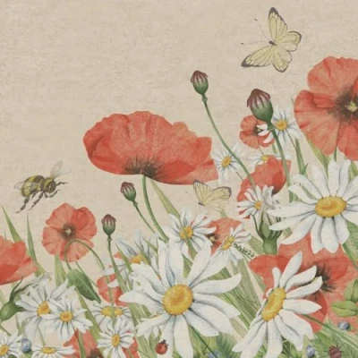 Image of 25 Sustainable Napkins Made from Recycled Paper Flowers Poppies and Daisies as Table Decoration with Motif Ecologically 33 x cm