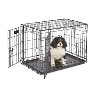 Image of MidWest Homes for Pets Newly Enhanced Double Door iCrate 76.2 cm (30 Inch) Long Dog Crate, Includes Leak Proof Pan, Floor Protecting Feet, Divider Panel &amp; New Patented Features, Black, Model 1530