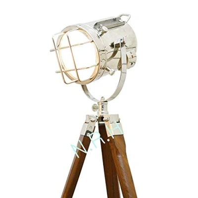 Image of Handmade Chrome Floor Lamp with Wooden Tripod Marine Studio Searchlight Decorative Light Christmas &amp; New Year