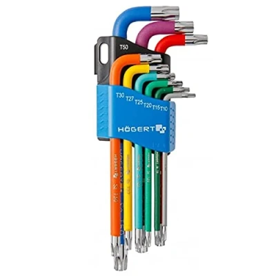 Image of Högert Technik Torx key I set of 9 sizes T10 to T50 made S2 alloy steel resistant deformation and abrasion HT1W817 multi coloured