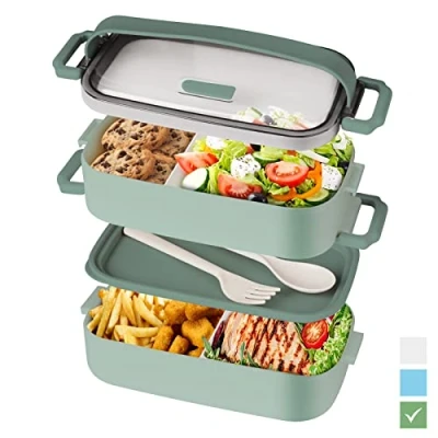Image of Beeptrum Bento Box Lunch for Adult, Stackable with 2 Compartment, Include Utensil Set, Leak Proof, Safe Microwave and Dishwasher, BPA Free 1600ML Green