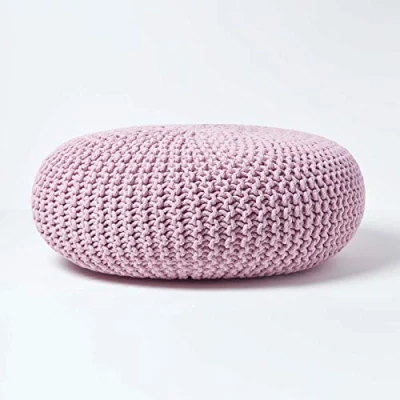 Image of HOMESCAPES Pastel Pink Knitted Pouffe Footstool Occasional Seat Bean Filled 100% Cotton for Living Room Children or the Elderly