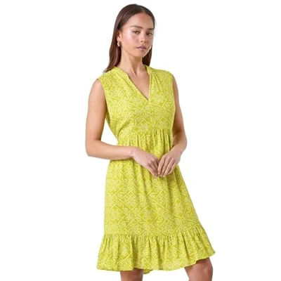 Image of Roman Petite Womens Aztec Print Tiered Tunic Dress Green Size 14 UK