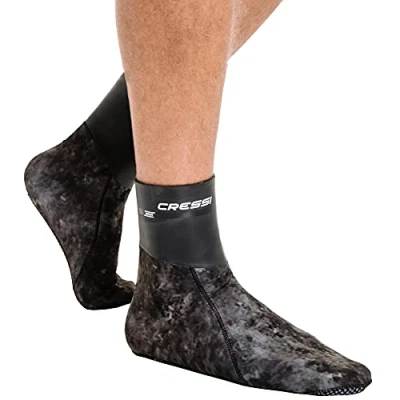 Image of Cressi Unisex Sarago Socks 3mm Thin elasticated neoprene boots The inner side is coated to facilitate wearing sole has an eff, Camouflage Blue, XL UK