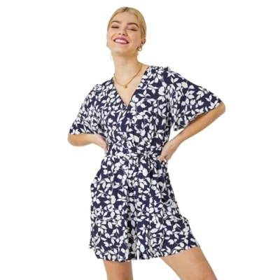Image of Dusk Womens Leaf Print Belted Wrap Playsuit Navy Size 10 UK
