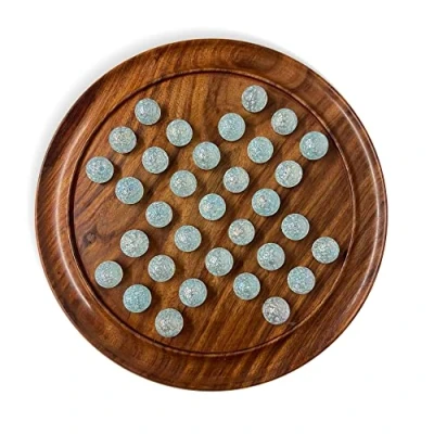 Image of 30cm Diameter wooden solitaire board game with SNOWFLAKE WHITE and AQUA GLASS MARBLES classic strategy