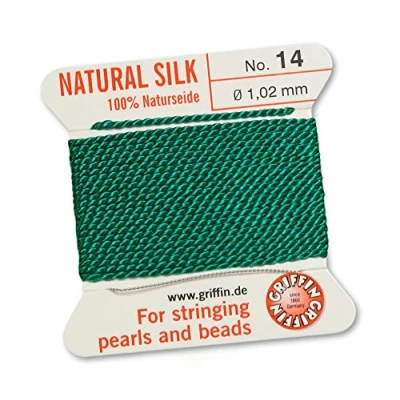 Image of GRIFFIN 100% Natural Silk Beading Cord String Thread Green 2 metres with one needle Size 1.02mm
