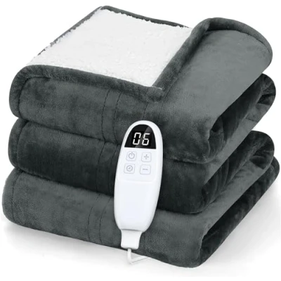 Image of PRANITE Electric Blanket Double 200x150 cm, Heated with 10 Timer and 6 Heat Settings, Auto Shutoff, King Size Flannel Sherpa for Sofa, Home, Office, Machine Washable, Grey