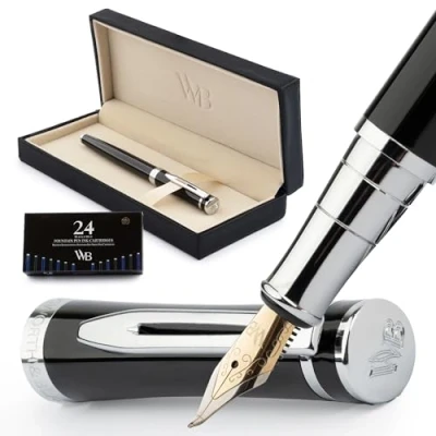 Image of Wordsworth &amp; Black Fountain Pen Set, Bent Nib, Includes 24 Pack Ink Cartridges, Refill Converter Gift Box, Chrome Finish, Calligraphy, [Black Chrome], Perfect for Men Women