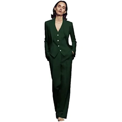 Image of 3 PC Women Suit for Work Professional Regular Fit Formal Suits Notch Lapel Business Dark Green M