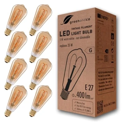 Image of greenandco® E27 ST64 LED Vintage Fflament Bulb 5W Replaces 35W 400lm 2000K Extra Warm White 360 230V, no Flicker, not dimmable, 8 Pack