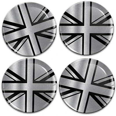 Image of Biomar Labs® 4 x 60mm 3D Domed Car Wheel Centre Center Rims Hub UK United Kingdom GB National Flag Union Jack Silver Black Stickers Decals For Caps A 11060