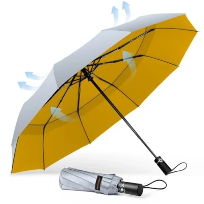 Image of TECKNET Windproof Umbrella, Strong Compact Travel Automatic Umbrellas, Large Wind Resistant Umbrella with 10 Ribs, Folding Lightweight Golf for Rain Men, Sliver&amp;Yellow