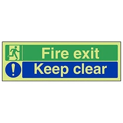Image of V Safety Glow In The Dark Fire Exit/Keep Clear Sign 450mm x 150mm Self Adhesive Vinyl