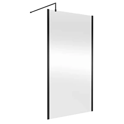 Image of nuie WRSCOBP11 Modern Bathroom Outer Framed Wall Fixed Wetroom Screen with Support Arm, 1100mm, Satin Black