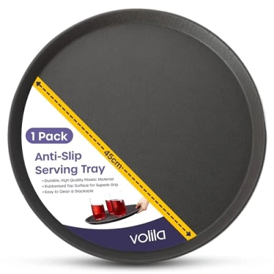Image of volila Black Round Tray 45 cm (1 Pack) Rubberized Non Slip for Serving Food and Drinks Dishwasher Safe Parties, Gatherings, Bars, Restaurants Home