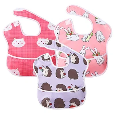Image of Little Dimsum 3 pack Baby Bibs Waterproof Bib Easy to Clean Feeding Weaning Adjustable Closed for Babies Toddlers with Large Pocket (6 36Months) (Hedgehog &amp; Rabbit Cat